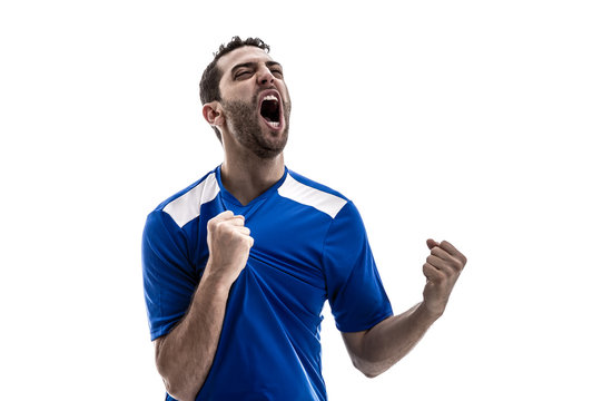 Soccer fan celebrating on white background