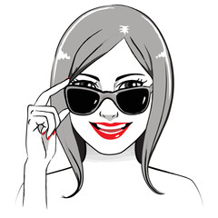 Close up black and white illustration of stylish young woman holding sunglasses smiling with red lips
