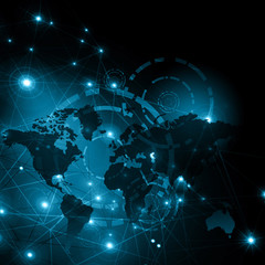 World map on a technological background, glowing lines symbols of the Internet, radio, television, mobile and satellite communications.
