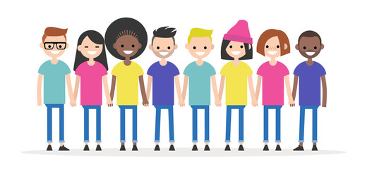 Set of characters holding each other's hands. Diversity conceptual illustration. Friends. Multiracial group of young people. Flat editable characters, clip art