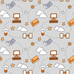 Vector seamless pattern describing the idea of donation and fundraising, with hand drawn icons of computers, smartphones, banknotes and credit cards connected all together in a network