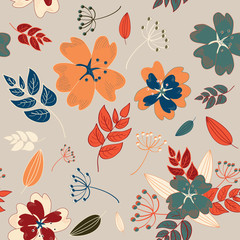  Vintage flowers, berries and leaves seamless pattern. Vector illustration on light grey background