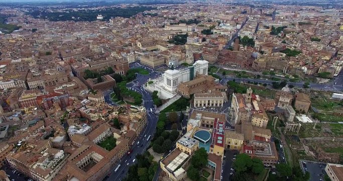 ROME, ITALY  – OCTOBER 2015 : Aerial shot over central Rome cityscape on a beautiful day with Vittoriano / National Monument in view