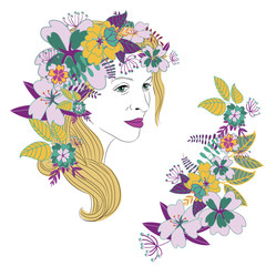 Young woman's face with long blond hair and purple lipstick and beautiful colorful floral wreath with yellow leaves. Vector illustration on white background with floral wreath in the corner