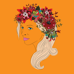 Young woman's face with long hair and  big beautiful floral wreath with heart leaves. Vector illustration on orange background