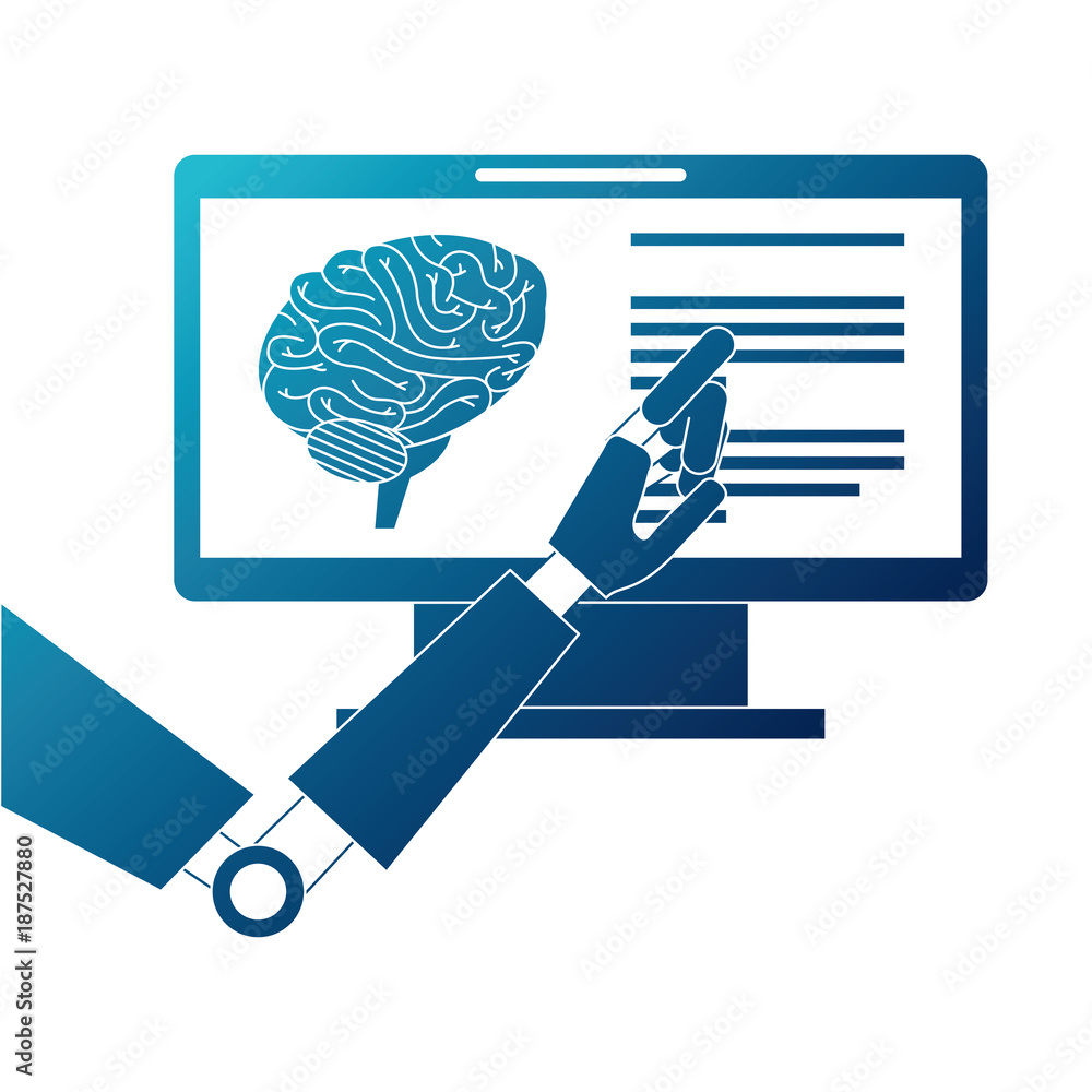 Poster monitor computer with brain and robot hand
