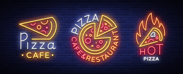Pizza collection of neon signs vector. Set neon logos Pizzeria, emblems. Neon advertising on the topic of pizza cafe, restaurant, dining room, snack bar. Bright night billboard. Vector illustration