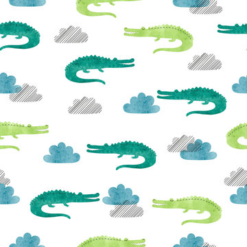 Seamless watercolor crocodile pattern. Vector background with alligators and clouds.