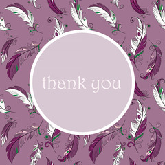 Greeting card with colorful feathers with Thank you note in the round. Vector illustration on lila background