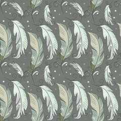Set of soft colorful feathers, seamless pattern. Vector illustration on green background