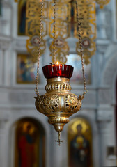 Church of a candlestick. Orthodox lamp of a symbol. Church oil. Church sign. Christianity and belief. Religious temple.