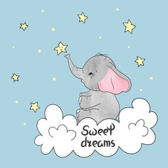 Cute little elephant on the cloud. Sweet dreams vector illustration. 
