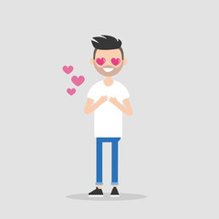 Saint Valentines Day. Cute cartoon bearded boy with heart-shaped eyes falling in love / Editable flat vector illustration