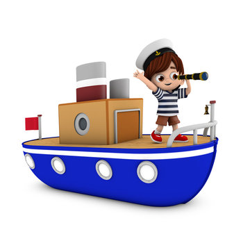 Niño montado en un barco mirando por un catalejo