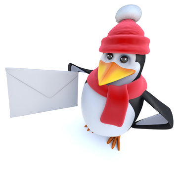 3d Funny cartoon winter penguin holding an mail envelope