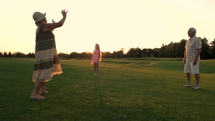 Seniors with granddaughter on green meadow. Slow motion grandparents with their grandchild playing sport game with ball on fresh air, summer sunset. Happy family weekend and relax. - Powered by Adobe