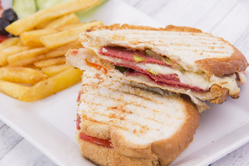 Pressed and toasted double panini with ham and cheese served on sandwich