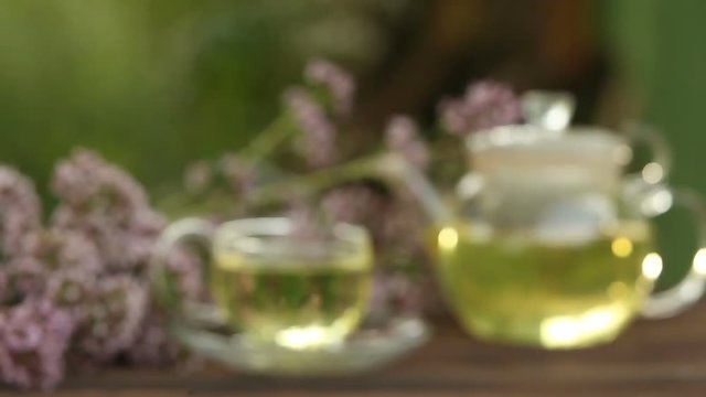 delicious  oregano tea in a beautiful glass bowl on table