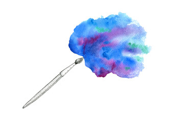 Brush and blue watery stain.Abstract watercolor hand drawn illustration.Azure splash.White background.