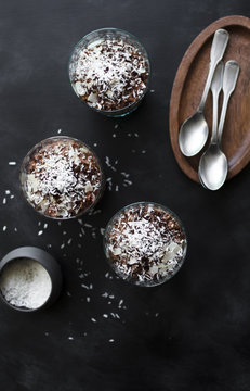 Chocolate tapioca pudding with coconut and almond.