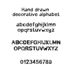 Decorative hand drawn alphabet. Handwritten vector brush font. Modern ABC. Uppercase, lowercase, numbers, punctuation. Greeting card, logo, phrases, invitation, slogan, windows decor
