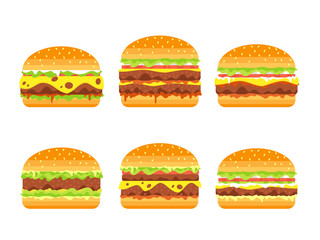Set of hamburgers isolated on white. Vector illustration
