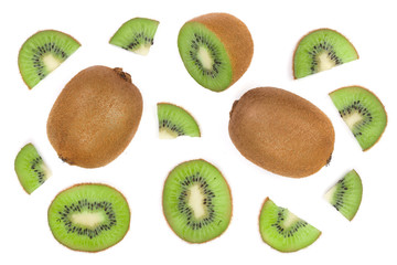 sliced kiwi fruit isolated on white background. Flat lay pattern. Top view