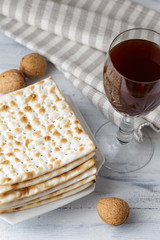 Jewish Matzah bread with wine for Passover holiday