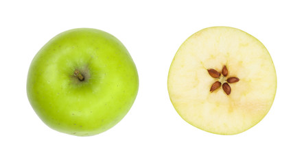 green apples with slices isolated on white background top view. Set or collection. Flat lay pattern