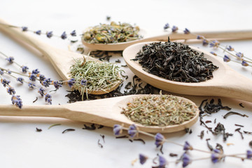 various tea, thyme and rosemary