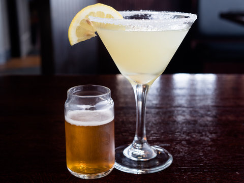 Margarita in glass with a beer as a chaser.