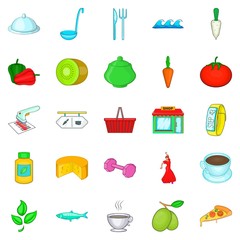Food for training icons set, cartoon style