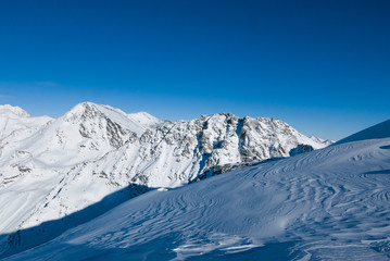 Winter landscape of Alpine mountain range. Solda, South Tyrol, Italy