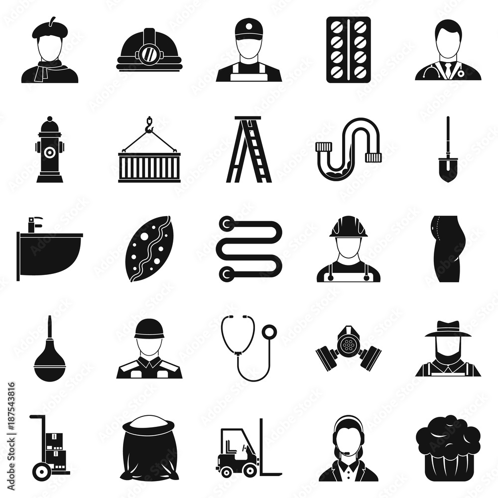 Poster different professions icons set, simple style