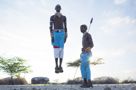 Jumping Samburu Warriors at sunrise.