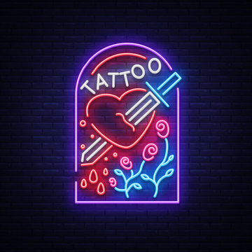 Tattoo studio logo in a neon style. Neon sign, emblem, a symbol of man's heart is pierced by the sword, bright billboards, neon on a tattoo for tattoo salon, studio. Vector illustration