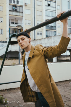 Portrait of young hip adoslecent guy /skinhead/punk/skate subculture.