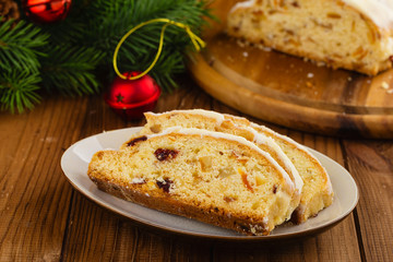 Traditional German christmas stollen fruit cake