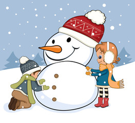 Kids making snowman