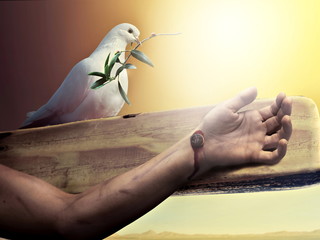 God blessing jesus by white dove before resurrection - obrazy, fototapety, plakaty