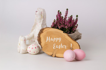 Easter background with Easter eggs and Heather flowers blossom Easter Bunny Close up