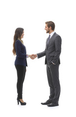 Full-length handshake, business partners, isolated on white back