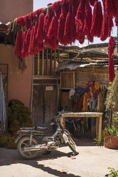 Freshly dyed red and orange skeins of wool hang drying in the sunlight