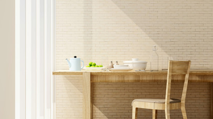 dining area and green wall in home or apartment on sunshine day - Interior design for artwork of restaurant or room for rent- 3D Rendering