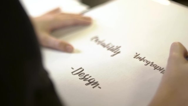 Side view of women's hands writing calligraphically on paper.