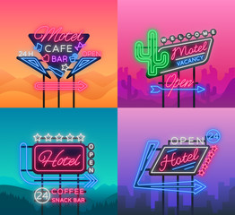 Hotel and Motel are collection of neon signs. Vector illustration. Collection of Retro signboards, billboard with an indication of hotel or motel, night neon advertisement of hotel, luminous banner - obrazy, fototapety, plakaty