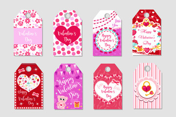 Happy Valentine's Day tags set. Labels collection with heart, cute love symbol, romance. Holiday card background templates for your design. Vector illustration
