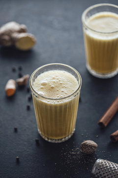 Food: Golden milk, almond milk with ginger, cinnamon, nutmeg, bl