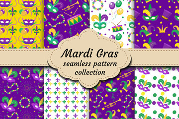 Mardi Gras Carnival set of seamless pattern with mask feathers, beads. Collection Fat Tuesday endless background, texture, wallpaper. Festival backdrop. Vector illustration © Lucia Fox