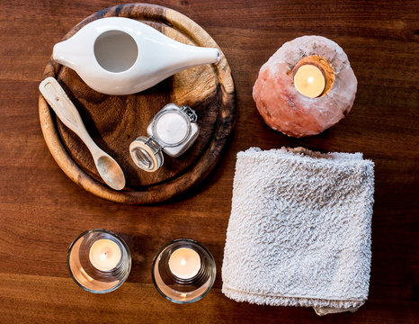 set for the use of neti pot, ayurvedic system for cleaning nose with water and pink salt from Hymalaia